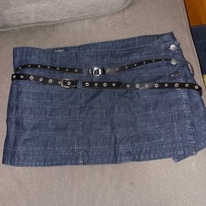 Vintage Burberry denim mini skirt with black grommet wrap belt